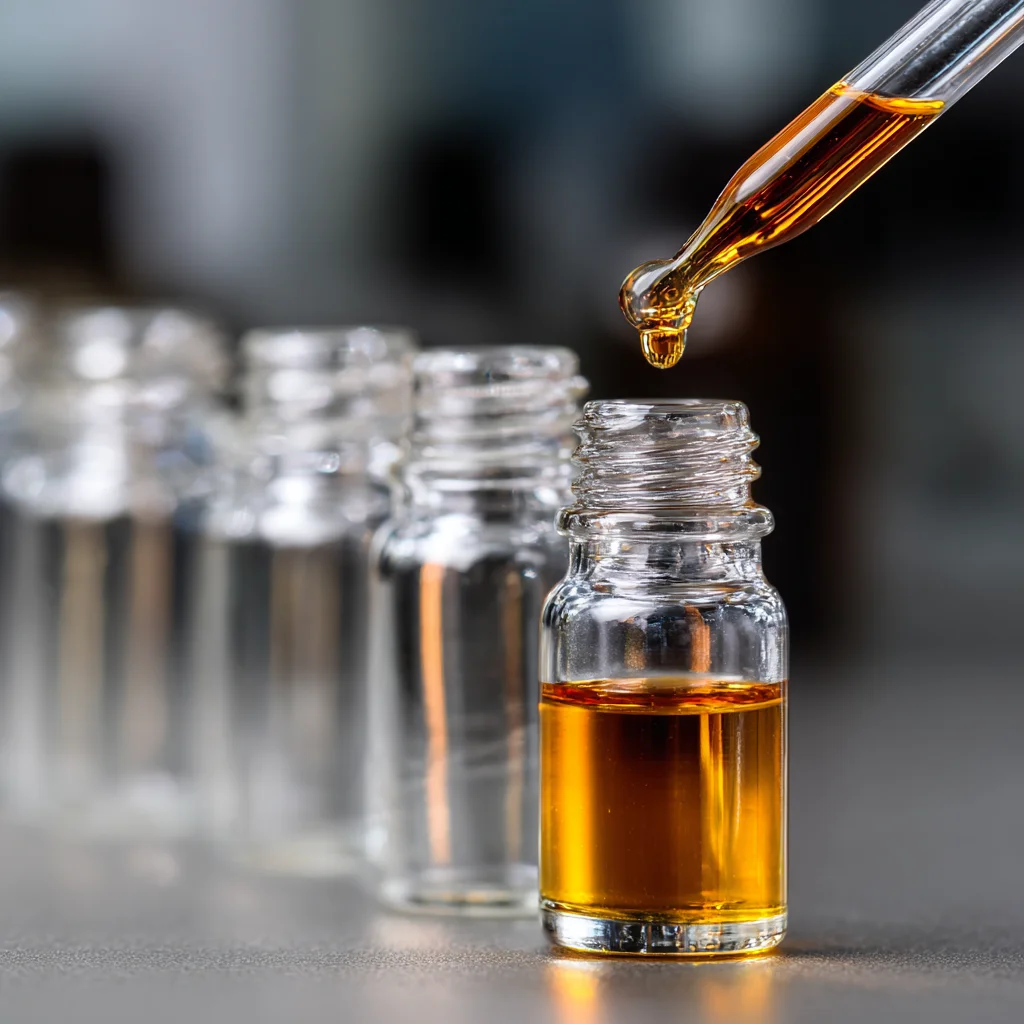 Dropper adding amber liquid into small glass vials in a laboratory research and formulation setting.
