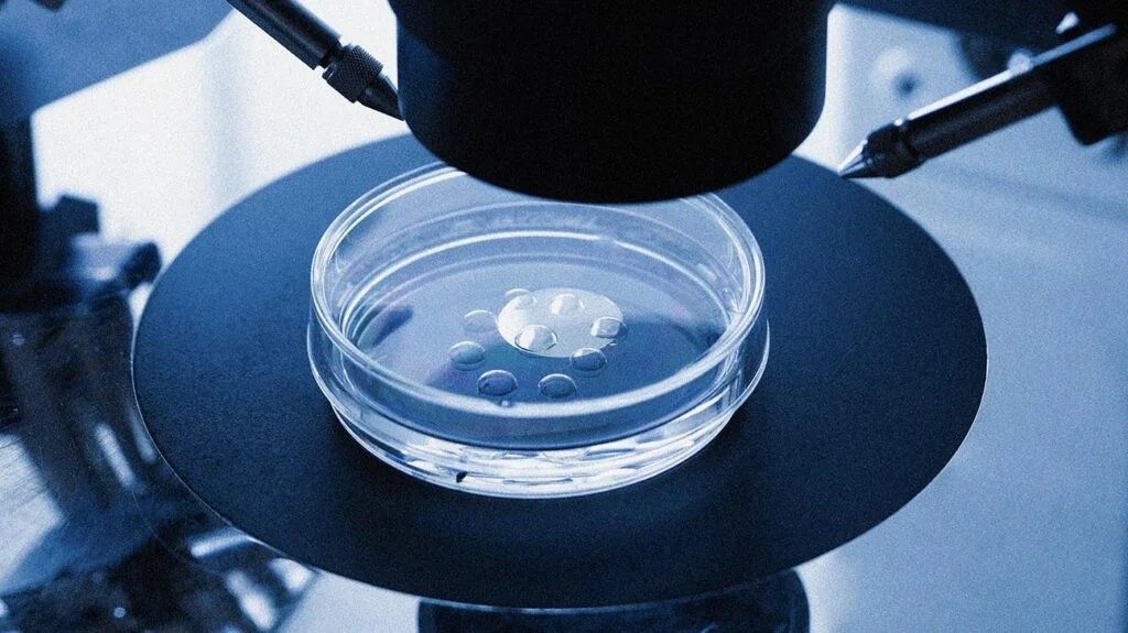 Laboratory microscope examining samples in a petri dish during scientific research and testing.