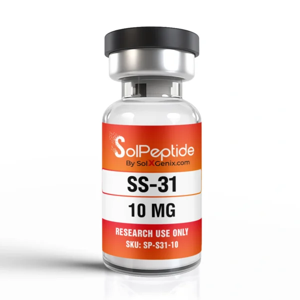 Glass vial labeled SolPeptide SS-31 10 MG for research use only with orange and white branding and black cap.