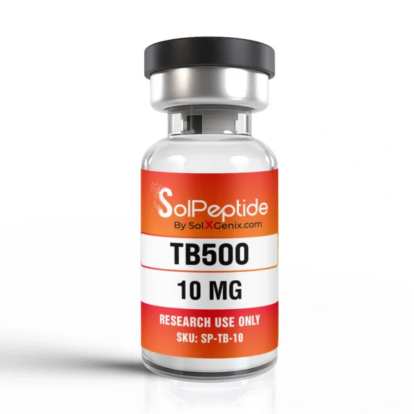 Glass vial labeled SolPeptide TB500 10 MG for research use only with orange and white branding and black cap.